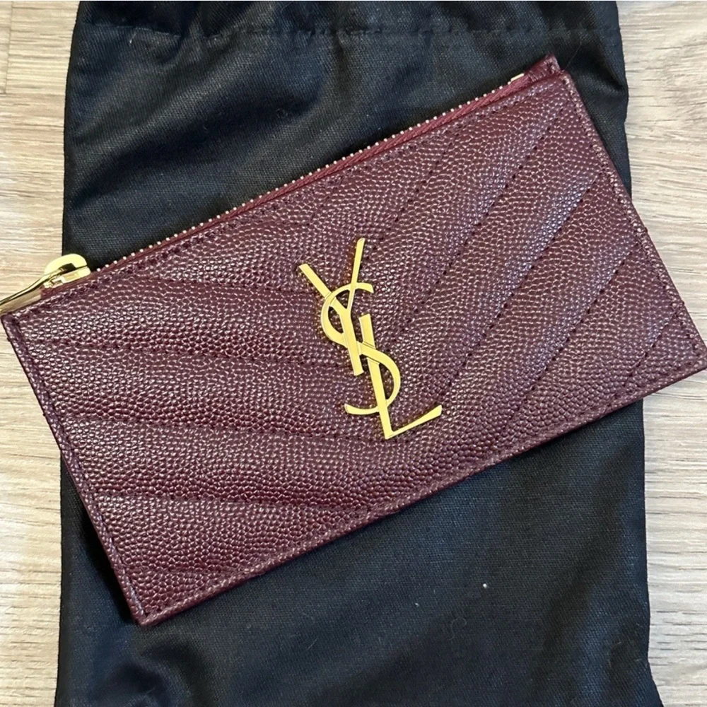 Yves Saint Laurent Burgundy Quilted Leather Card Case with Gold Logo - Picture 4 of 9